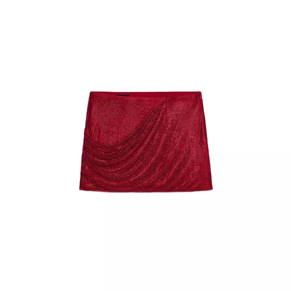 Zara Rhinestone Draped Mini Skirt Red XS Sparkly Party Skirt